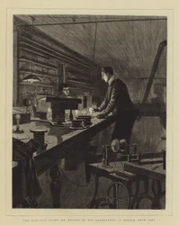 A luz elétrica, Sr. Edison em seu laboratório, um esboço da vida